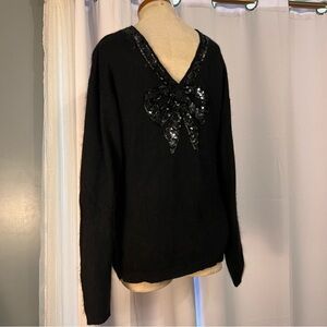 Vtg SPOLETO BLACK SEQUINS  BOW Back Pockets Tunic Sweater Silk & Angora Rayon
